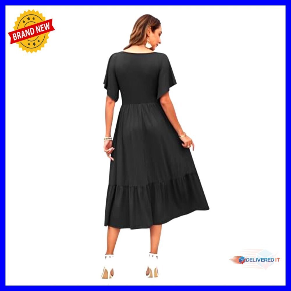 Summer Empire Waist Midi Dress V Neck Flutter Sleeve Casual Tiered - Picture 6 of 7